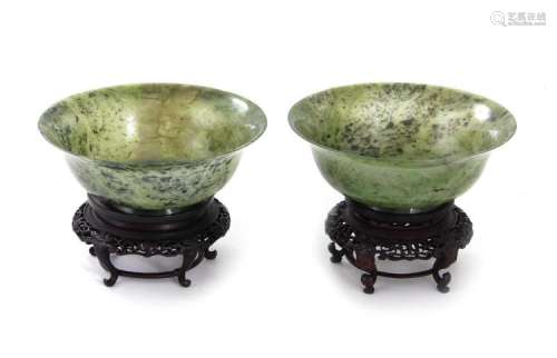Pair Chinese translucent green jade bowls (4pcs)