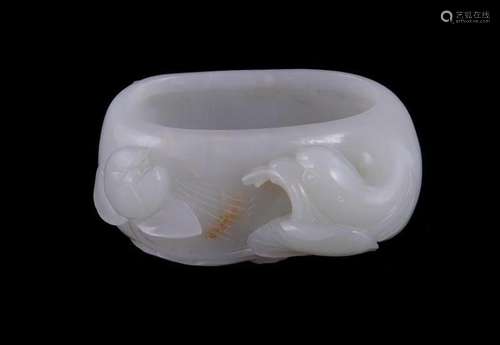 Chinese pale celadon jade duck and lotus brush washer