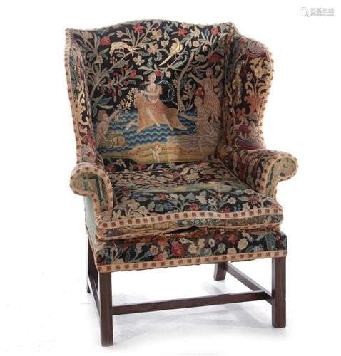 George III tapestry-upholstered mahogany wingback chair