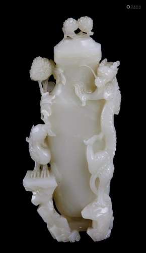 Chinese white jade phoenix and dragon vase and cover (2pcs)