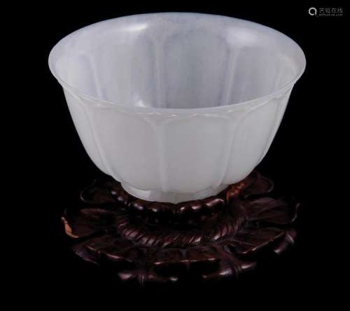 Chinese translucent white jade lotus bowl on stand, four-character mark (2pcs)