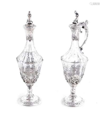 Rare pair Tiffany & Co silver and glass decanters, Paulding Farnham (2pcs)