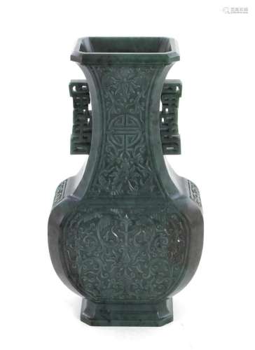 Chinese carved spinach-green jade vase