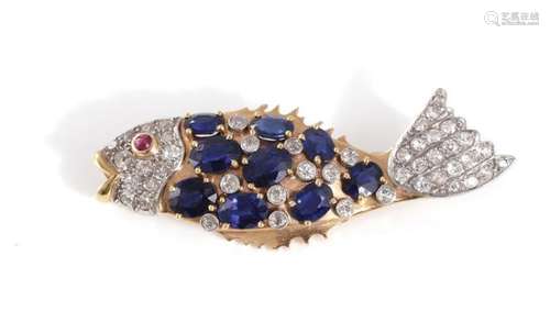 Vintage sapphire, diamond, ruby and bi-color gold fish-form brooch