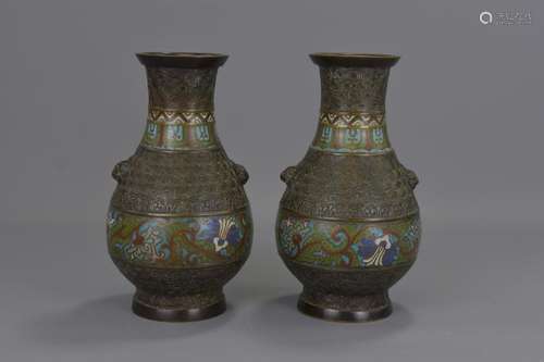 PAIR OF CHINESE ENAMEL ON BRONZE VASES