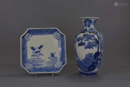 A JAPANESE PORCELAIN DISH & VASE