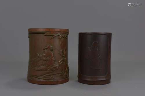 TWO CHINESE BAMBOO BRUSH POTS