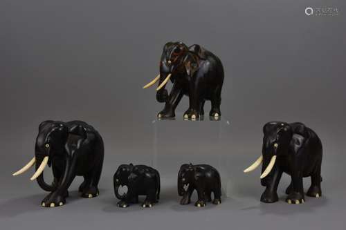 A GROUP OF INDIAN EBONY ELEPHANTS