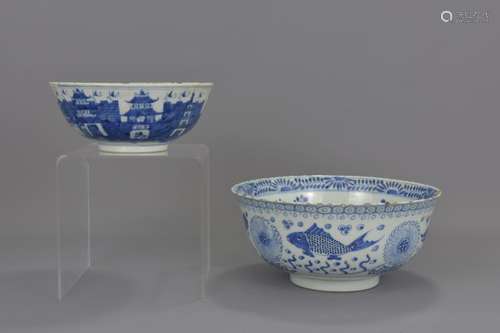 TWO CHINESE BLUE AND WHITE PORCELAIN BOWLS