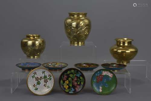 THREE CHINESE BRONZE JARS AND CLOISONNE DISHES