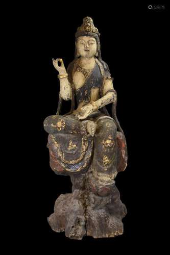 A CHINESE WOODEN FIGURE OF GUANYIN