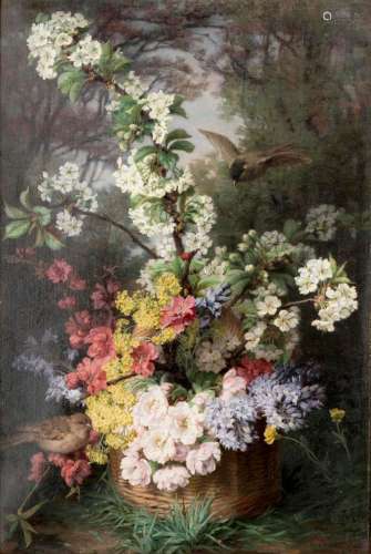 Eléonore Escallier (1827-1888), 'Arrangement floral printanier dans un panier posé dans un paysage avec oiseaux'