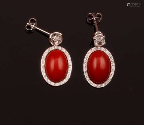 Pair of coral and diamond earrings