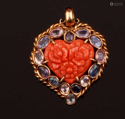 Carved coral, multi-gem and gold pendant