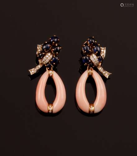 Pair of coral, sapphire and diamond pendant earrings