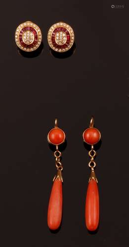 Two pair of gold, coral, diamond and ruby earrings