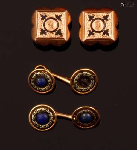 Two pair of gold and enamel cufflinks