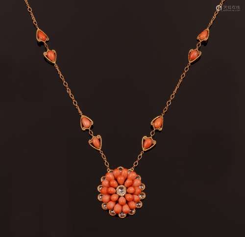 Coral and rose-cut diamond necklace