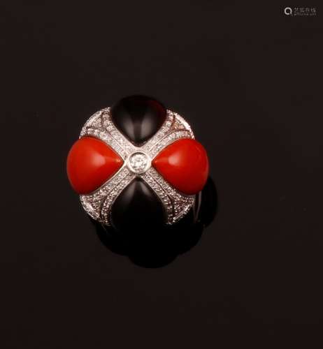 Coral, onix and diamond ring