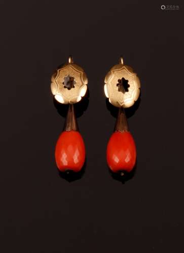 Pair of coral and gold pendant earrings