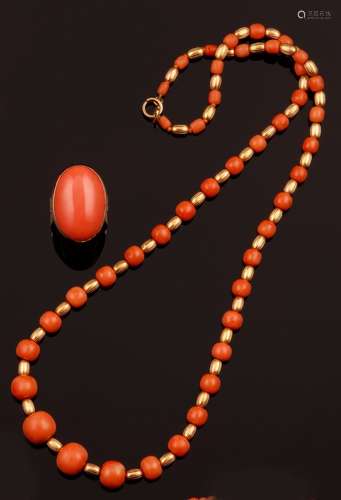 Coral and gold ring and necklace