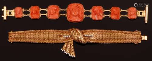 Pair of gold and coral bracelets