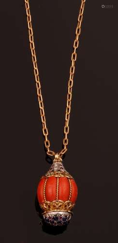 Coral, gem-set and enamel pendant