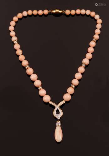 Coral beads and diamond necklace