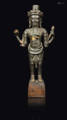 A semi-gilt bronze figure of a standing Vishvakarman, Cambodia, 17th century