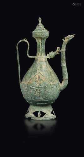A verdigris bronze pitcher in an Arab-style shape with an embossed happiness ideogram, China, Ming Dynasty, 16th century