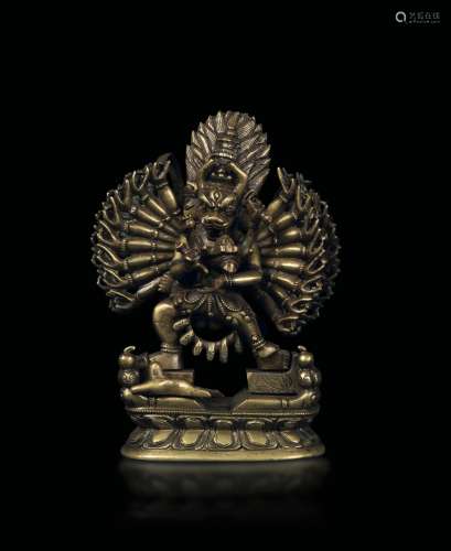 A bronze figure of Vajrabhairava on a double lotus flower, Tibet, 18th century