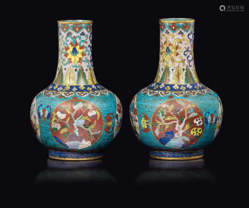 A pair of cloisonné enamel vases with naturalistic depictions and floral motives, China, Qing Dynasty, 19th century