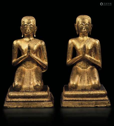 A pair of gilt bronze sculptures depicting praying monks, Thailand, 20th century