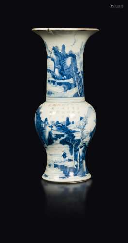 A blue and white porcelain trumpet vase with a decor of a mountain landscape and inscriptions, China, Qing Dynasty, Kanqxi period (1662-1722)