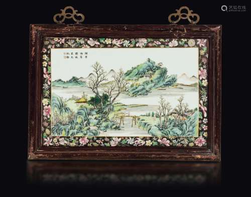 Four polychrome glazed porcelain plaques with landscapes and inscriptions, China, Qing Dynasty, 19th century