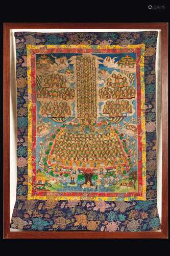 A Tanka with a deity and a central figure of Lama in a frame, Tibet, 19th century