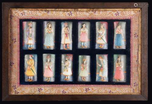 Twelve painted ivory plaques depicting Mogul emperors and their wives within a frame, India, 19th century