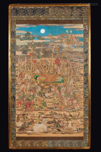 A large painting on silk depicting a sleeping Buddha with golden details, Japan, Edo period, 18th century