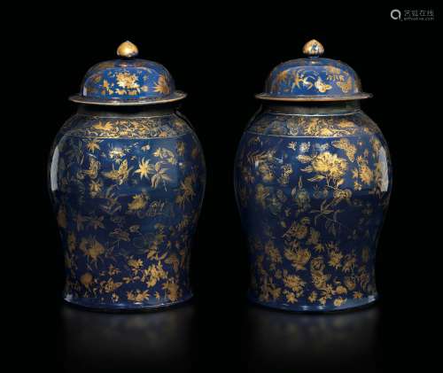 A pair of large porcelain potiches with lid with golden naturalistic decors on a blue backdrop, China, Qing Dynasty, Qianlong period (1736-1796)