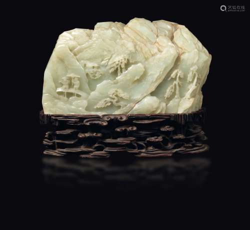 A large Celadon white jade mountain with a landscape and figures, China, Qing Dynasty, Qianlong period (1736-1796)
