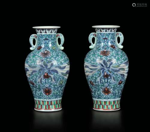 A pair of small double-handled doucai porcelain vases with a central ribbon decor, China, Qing Dynasty, 20th century