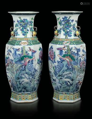 A pair of hexagonal-section Ducai porcelain vases with phoenixes and Pho dogs, China, Qing Dynasty, 19th century