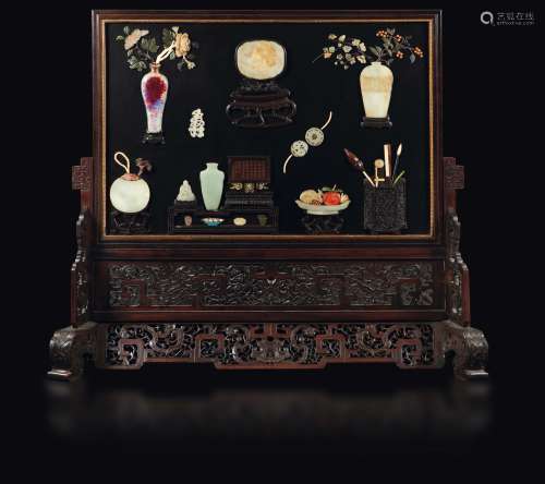 An important homu wood screen with applications in jade, ivory mother-of-pearl, porcelain, China, Qing Dynasty, 19th century