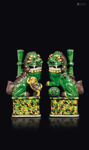 A pair of polychrome glazed grès Pho Dogs, China, Kangxi Dynasty (1622-1722)