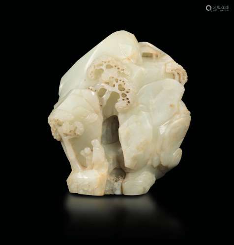 A white jade mountain depicting a wiseman and child within a rocky landscape, China, Qing Dynasty, 18th century