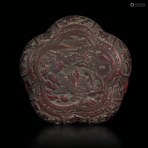 A polylobed box in varnished red lacquer with wisemen and a landscape, China, Qing Dynasty, Qianlong period (1736-1796)