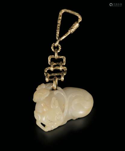 A gold keychain with a white jade fantasy animal and flower, China, Qing Dynasty, 18th century and 20th century