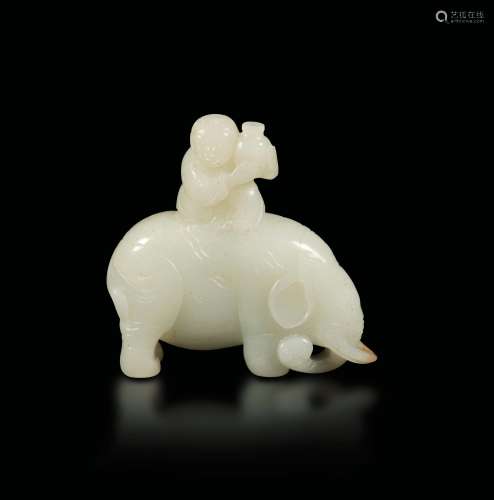 A carved white jade group depicting a figure holding a vase seated on an elephant, China, Qing Dynasty, Qianlong period (1736-1796)
