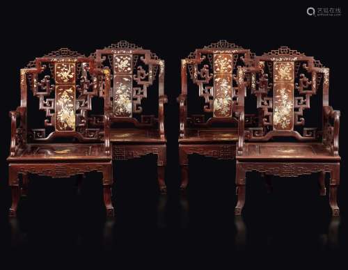 Four homu wooden chairs with mother-of-pearl inlays and naturalistic depictions, China, Qing Dynasty, 19th century