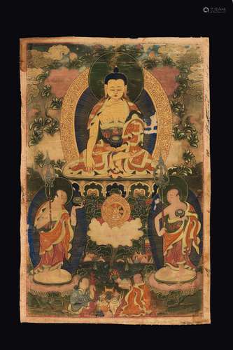 A green Tanka with golden details and a central figure of Buddha, Tibet, late 18th century